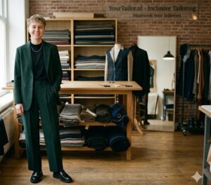Genderneutraal maatwerk bij YourTailor: een androgyn persoon in een groen maatpak