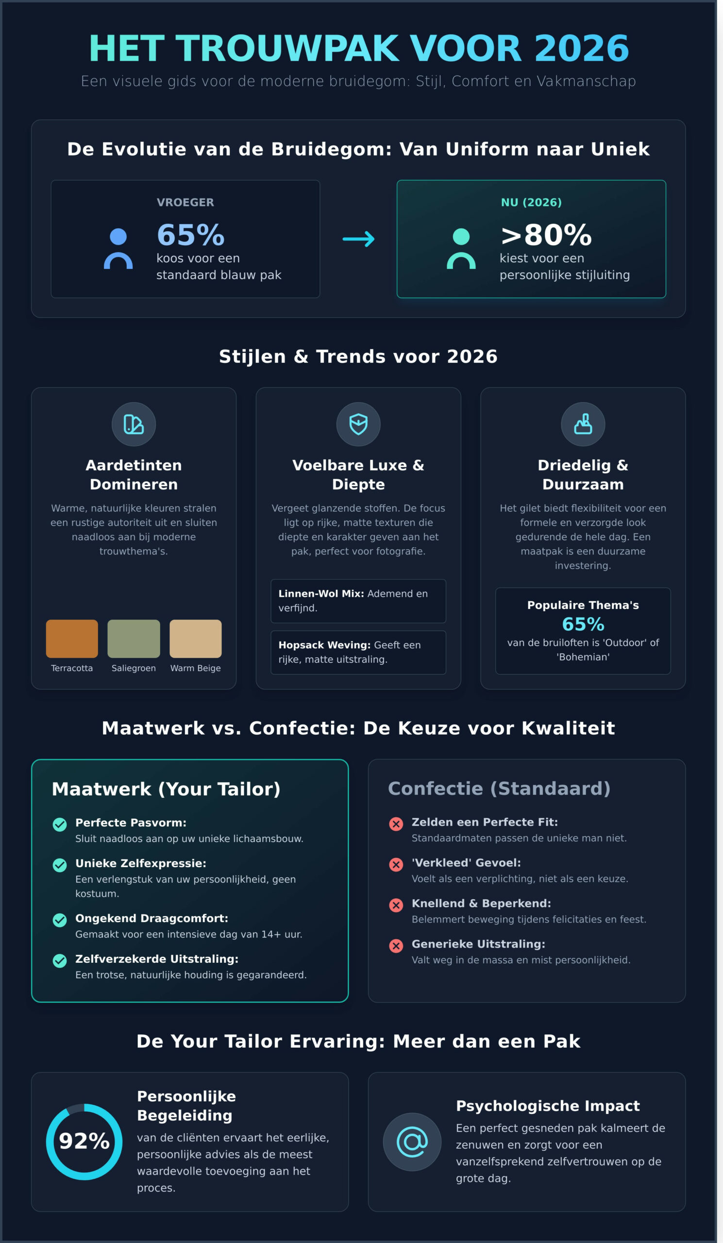 Het Perfecte Pak voor de Bruidegom: Stijlen, Trends en Maatwerk Tips voor 2026 - Infographic