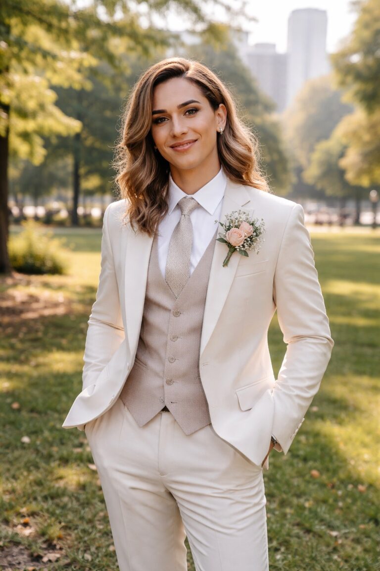 Exclusief genderneutraal trouwpak op maat voor non-binair persoon, licht beige met gilet en verfijnde afwerking, tijdloos en persoonlijk maatwerk