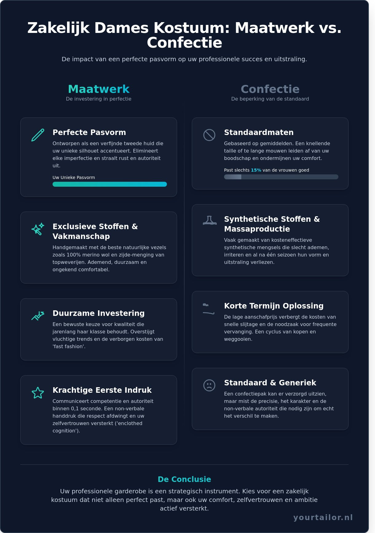 Zakelijk Dames Kostuum op Maat: De Kracht van Perfecte Pasvorm en Vakmanschap - Infographic