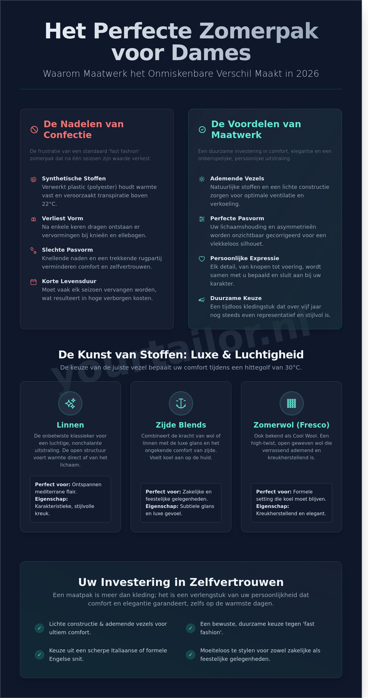 Zomer pakken voor dames op maat: Stijlvol en luchtig in 2026 - Infographic