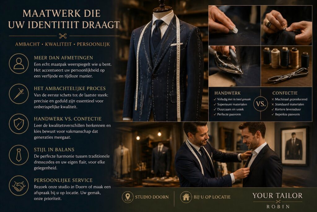 Ambachtelijk maatpak laten maken in studio van Your Tailor Robin tijdens pasafspraak en handwerkdetails – verschil tussen maatwerk en confectie, focus op pasvorm, kwaliteit, persoonlijke stijl en exclusieve service in studio of op locatie.
