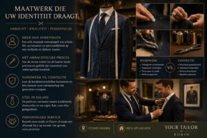 Ambachtelijk maatpak laten maken in studio van Your Tailor Robin tijdens pasafspraak en handwerkdetails – verschil tussen maatwerk en confectie, focus op pasvorm, kwaliteit, persoonlijke stijl en exclusieve service in studio of op locatie.