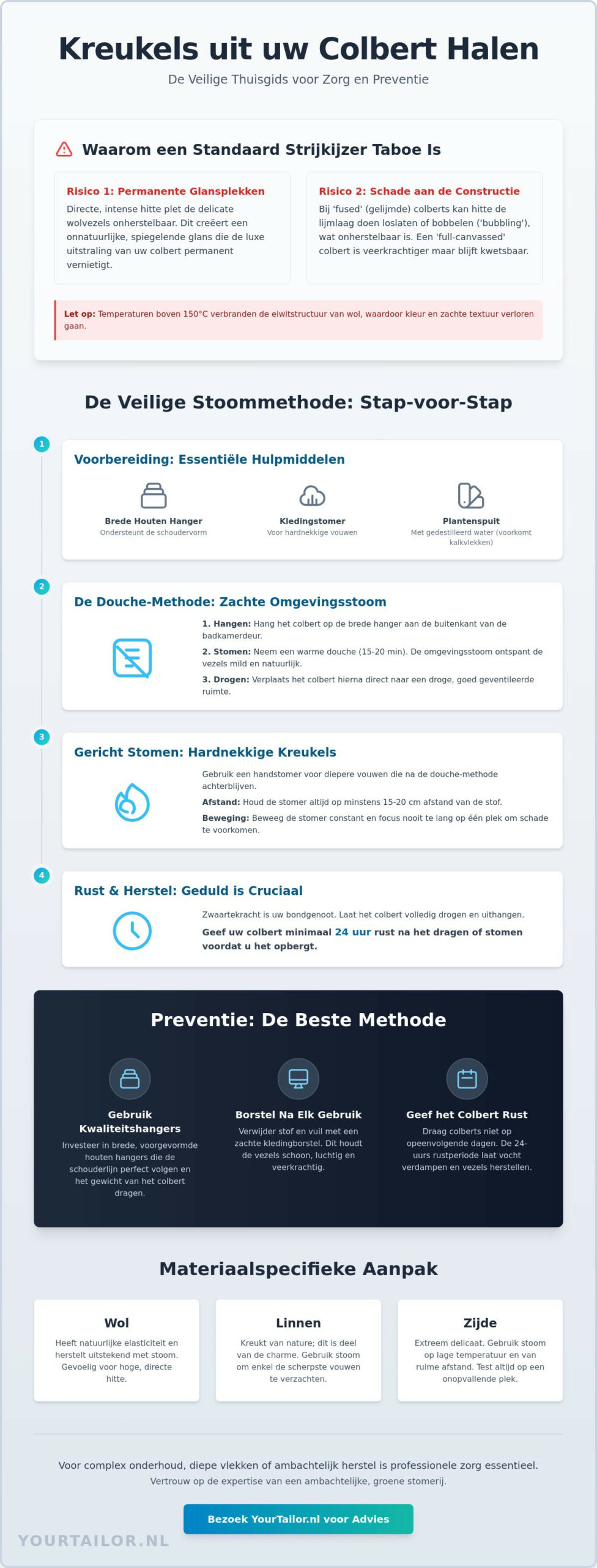 Kreukels uit colbert halen: De gids voor veilig onderhoud van uw maatwerk (2026) - Infographic