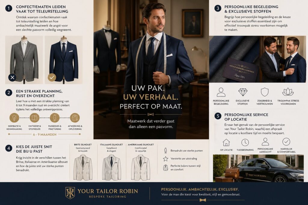 Trouwpak stress voorkomen:Maatwerk trouwpak infographic met pasvorm, stoffen, planning en verschillende silhouetten.