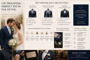 Vergelijking van trouwpakken: confectie, made-to-measure en bespoke met maatwerkproces van ontwerp tot pasafspraak – focus op pasvorm, stofkeuze, persoonlijke stijl en planning voor een perfect trouwpak op maat.