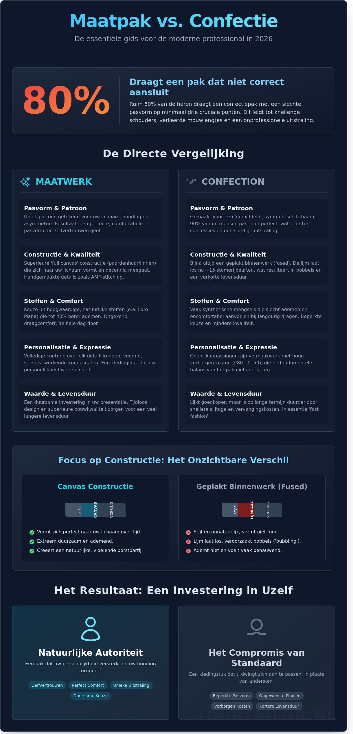 Voordelen maatpak vs confectie: Waarom maatwerk de enige juiste investering is in 2026 - Infographic