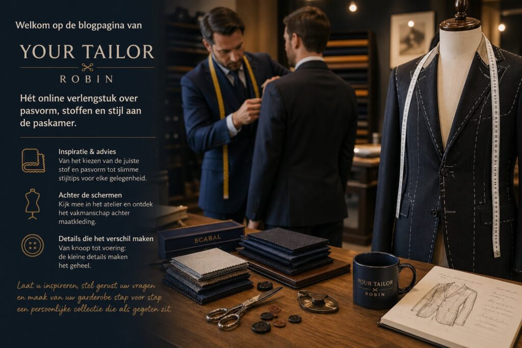 Kleermaker meet een maatpak aan in de studio met stoffenstalen, paspop en kleermakersgereedschap – maatwerk kleding, pasvorm, stoffen en stijladvies voor trouwpakken en zakelijke outfits.