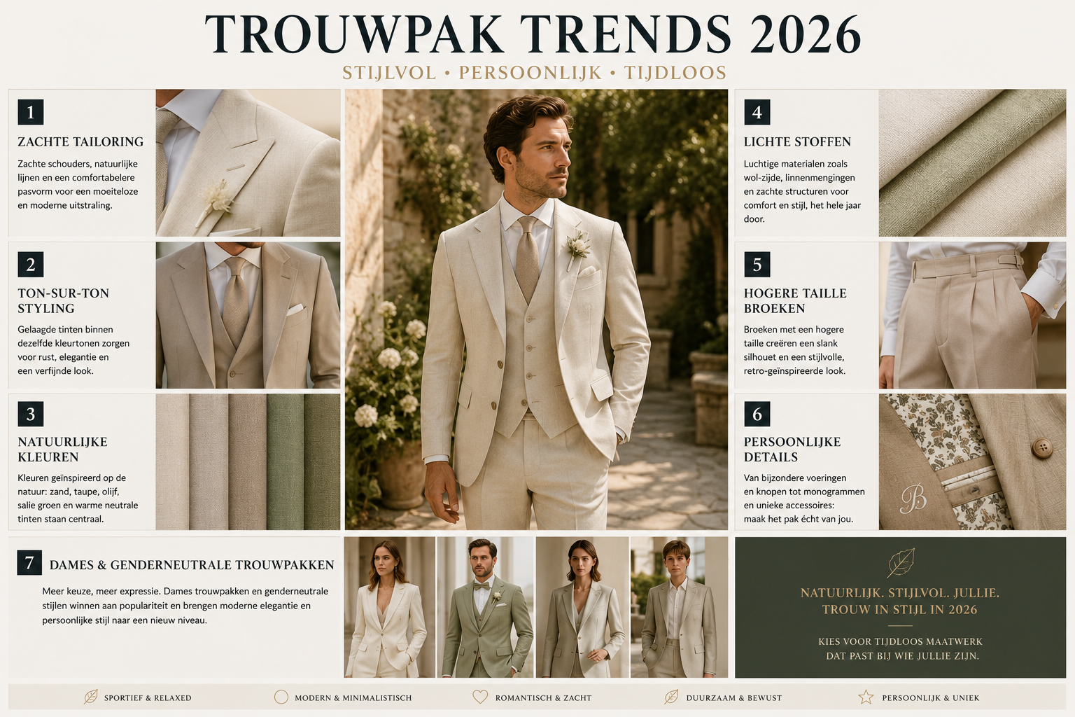 Infographic over trouwpak trends 2026 met zachte tailoring, ton-sur-ton styling, natuurlijke kleuren, lichte luxe stoffen, hogere taillebroeken, persoonlijke details en moderne dames- en genderneutrale trouwpakken.
