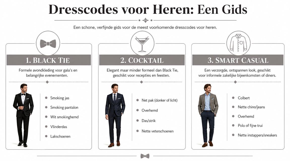 Een informatieve gids met drie verschillende dresscodes voor heren: Black Tie, Cocktail en Smart Casual.