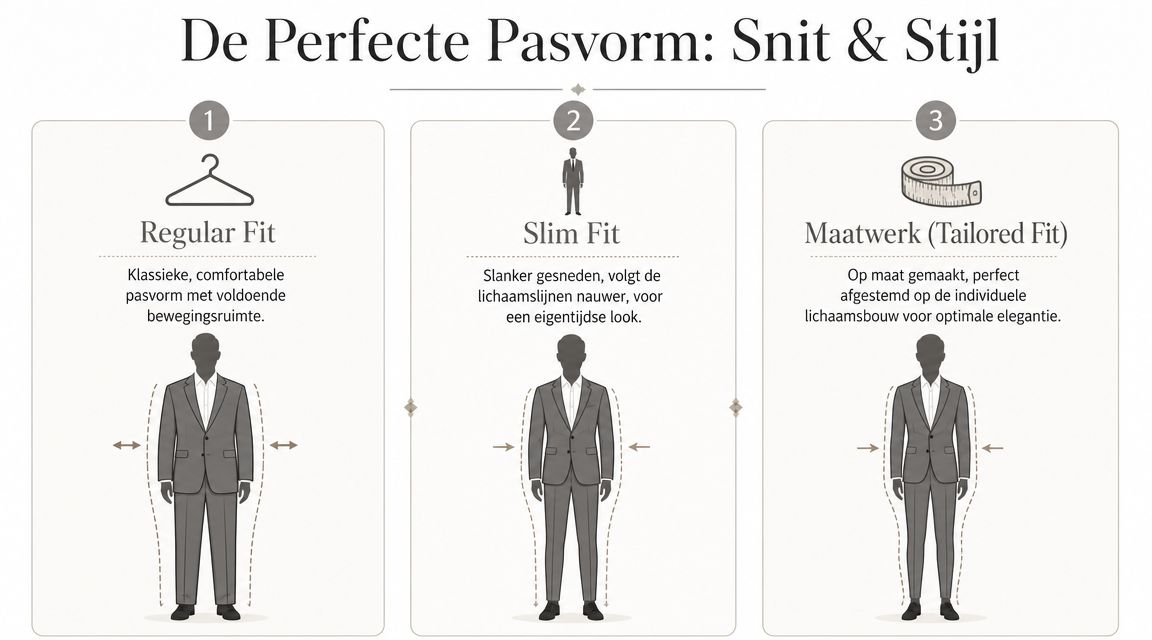 Een overzichtelijk schema met drie verschillende pasvormen voor herenpakken: Regular Fit, Slim Fit en Maatwerk.