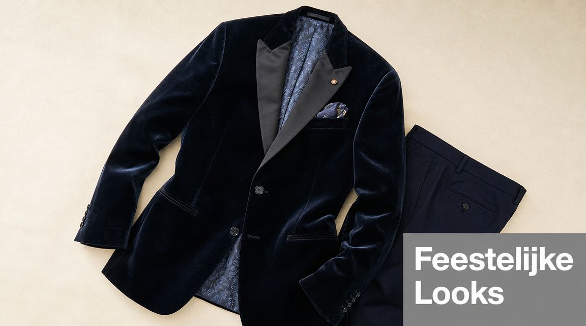Een stijlvol donkerblauw fluwelen herencolbert en een bijpassende pantalon voor een elegante, feestelijke gelegenheid.