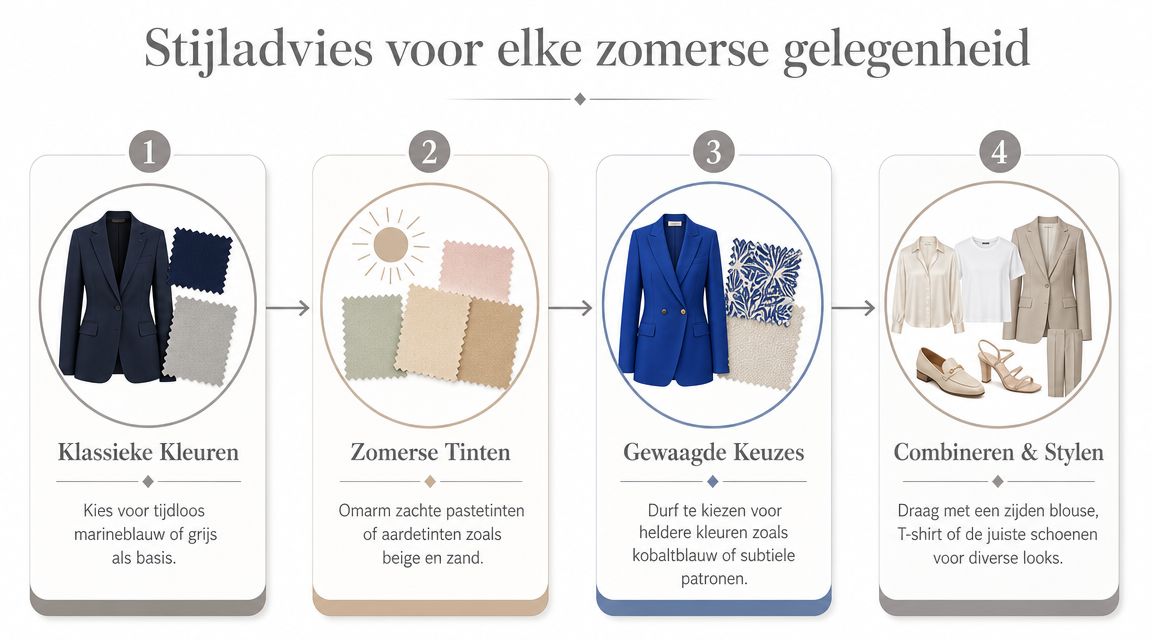 Een stappenplan met stijladvies voor dames voor het creëren van een stijlvolle zomerse look met blazers.