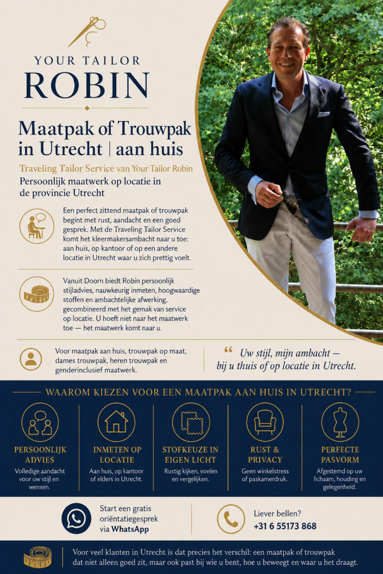 Maatpak of trouwpak aan huis in Utrecht door Your Tailor Robin met persoonlijk advies, inmeten op locatie, stofkeuze in eigen licht en perfecte pasvorm vanuit studio Doorn.