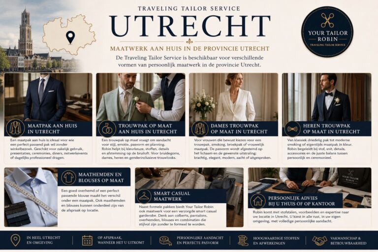 Traveling Tailor Service Utrecht van Your Tailor Robin met maatpakken en trouwpakken aan huis, dames trouwpakken, heren trouwpakken, maathemden en persoonlijk maatwerk in de provincie Utrecht.