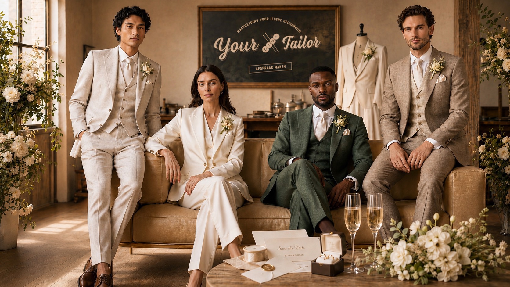 Trouwpakken op maat voor dames, heren en genderneutrale stijlen bij Your Tailor Robin, met persoonlijk maatwerk in studio Doorn en aan huis door heel Nederland.