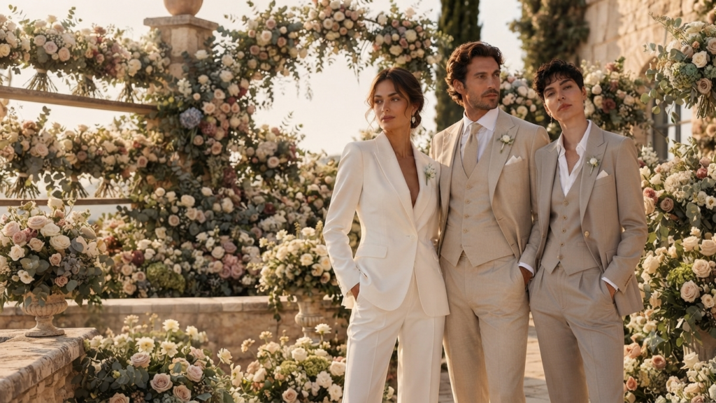 Trouwpak op maat; Drie personen op een zonovergoten terras voor een weelderige bloemenboog, gekleed in op maat gemaakte pakken voor een bruiloft: ivoorwit broekpak, beige driedelig kostuum en grijs-beige pak. © Your Tailor Robin.