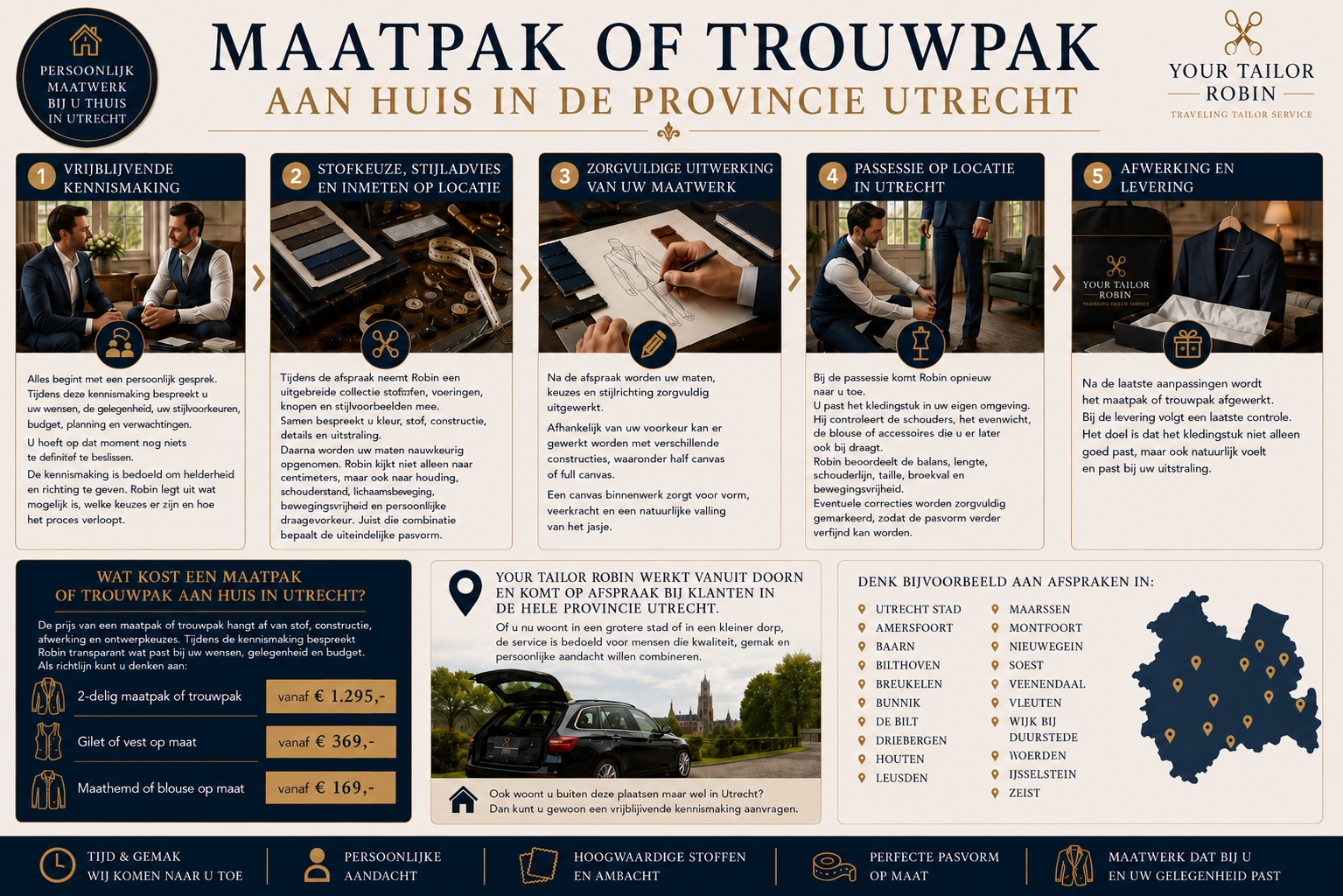 Maatpak of trouwpak aan huis in Utrecht door Your Tailor Robin met Traveling Tailor Service, persoonlijk advies, inmeten op locatie en maatwerk vanuit studio Doorn.