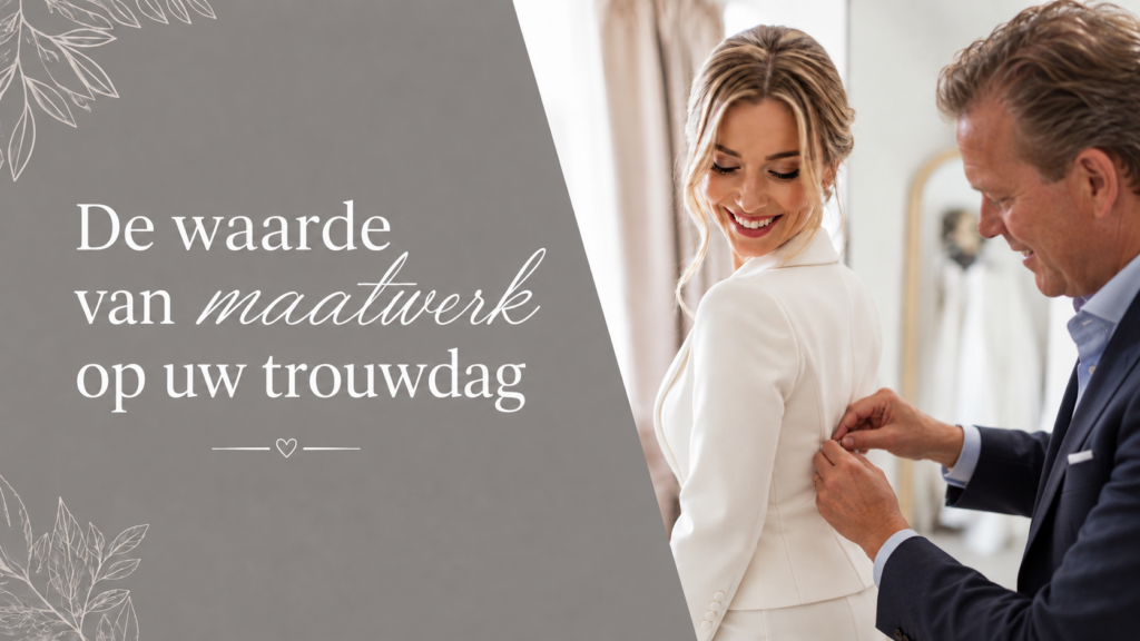Gids voor trouwpak op maat laten maken in Friesland, Vrouw in een ivoorwit trouwpak tijdens een persoonlijke pasafspraak voor een trouwpak op maat.