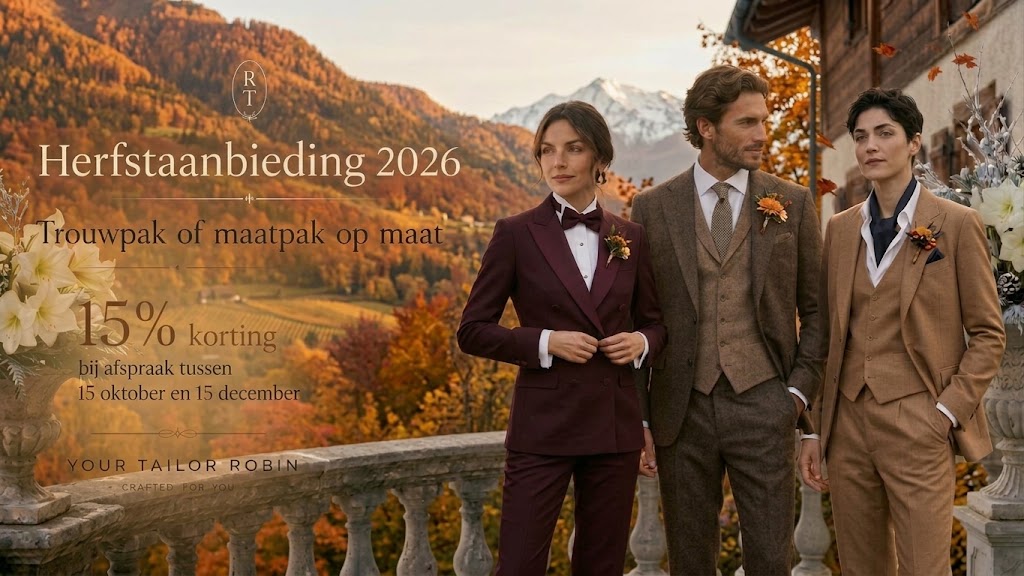 Herfstaanbieding 2026 van Your Tailor Robin: 15% korting op een trouwpak of maatpak op maat bij een afspraak tussen 15 oktober en 15 december.