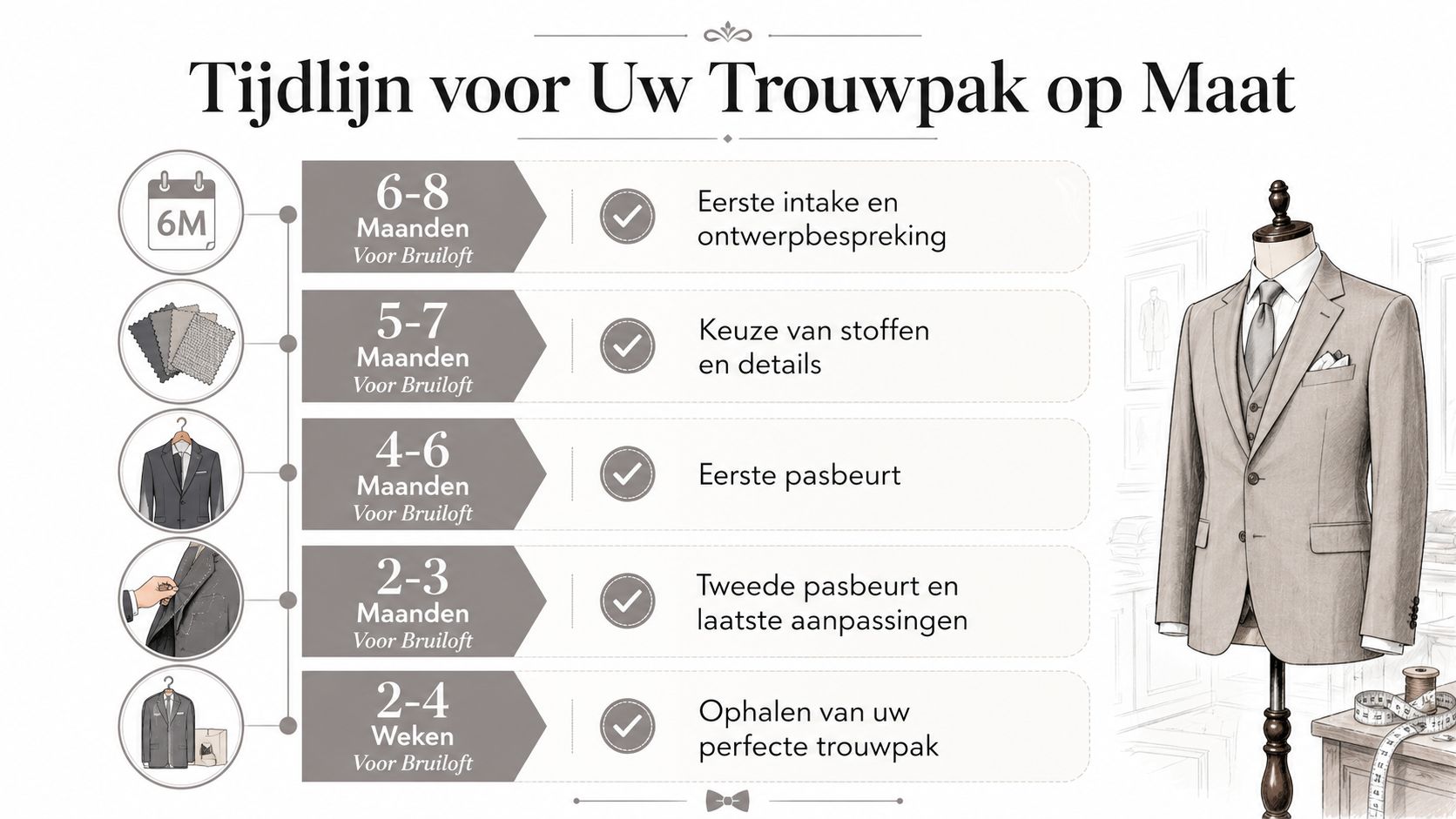 Een tijdlijn-infographic die de stappen voor het laten maken van een trouwpak op maat in kaart brengt.