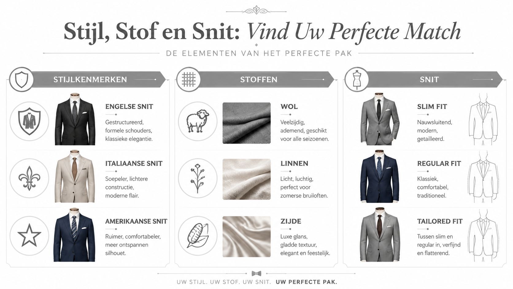 Een overzicht van pakken met informatie over stijlen, verschillende stoffen en de pasvorm voor het perfecte trouwpak.