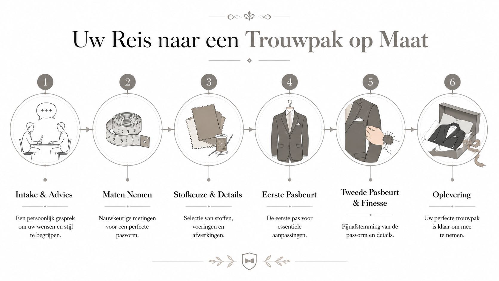 Een overzichtelijk stappenplan in zes fasen voor het laten maken van een uniek trouwpak op maat.