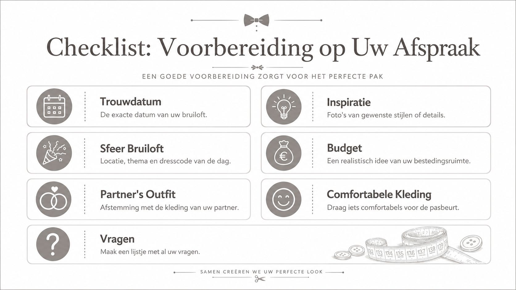 Een checklist voor de voorbereiding op een afspraak voor het uitzoeken van een trouwpak.
