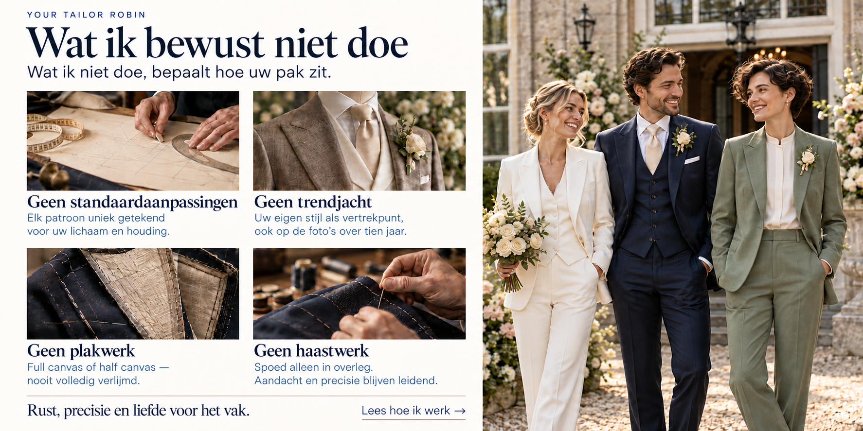 Your Tailor Robin over trouwpakken op maat: geen standaardaanpassingen, geen trendjacht, geen volledig verlijmd binnenwerk of haastwerk. Rechts staan drie personen in dames-, heren- en genderneutrale trouwstijl.