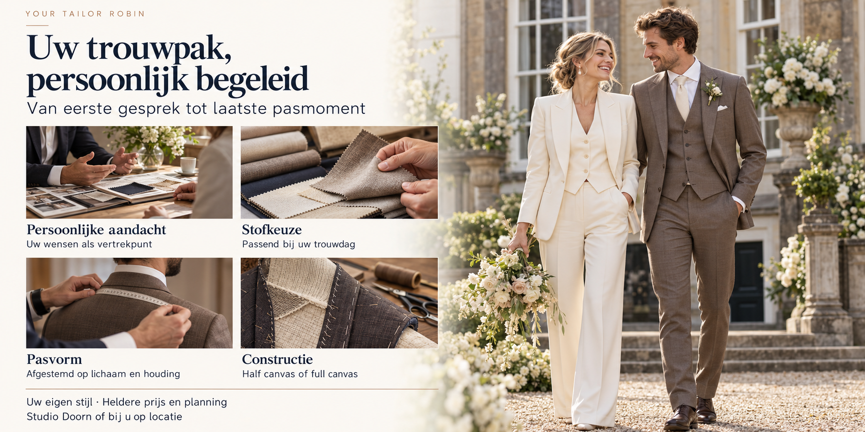 Your Tailor Robin over een trouwpak op maat: persoonlijke aandacht, stofkeuze, pasvorm en canvasconstructie, naast een bruidspaar in trouwpakken.