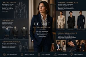 De snit van uw maatpak: Infographic over maatpakken en de snit: uitleg van Italiaanse, Engelse en Duitse kleermakerstradities, invloed op pasvorm en silhouet, inclusief vrouwelijke en genderneutrale tailoring en persoonlijk maatwerkproces