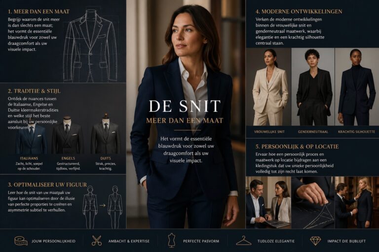 De snit van uw maatpak: Infographic over maatpakken en de snit: uitleg van Italiaanse, Engelse en Duitse kleermakerstradities, invloed op pasvorm en silhouet, inclusief vrouwelijke en genderneutrale tailoring en persoonlijk maatwerkproces